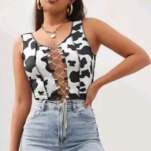 Cow Print Dimond Lace Up Tank